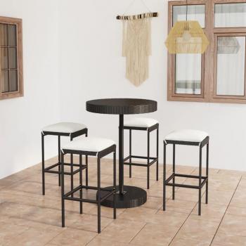 5-Piece Black Synthetic Rattan Garden Bar Set with Cushions