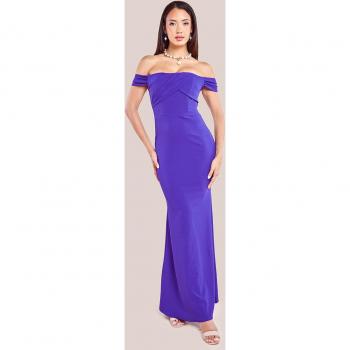 Goddiva Pleated Bardot Scuba Maxi Dress - Purple