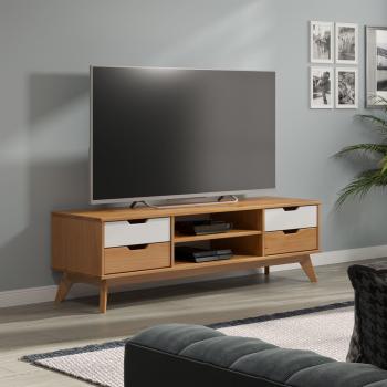 Mueble Aparador de Salón Lowboard Borneo Pino Natural 140x42x40cm, con 4 cajones, 2 estantes, pasacable, estilo escandinavo, fabricado en madera de pino certific