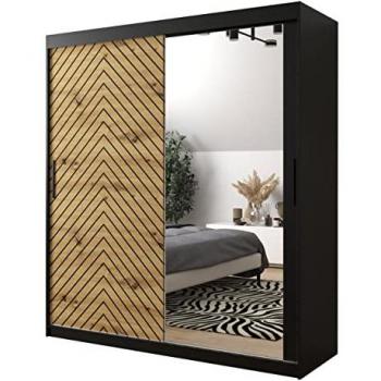 Armario Corredero Hartford 313, Negro y Roble Artisan, 180x200x62cm, 9 Estantes, con Espejo
