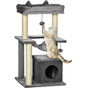 Pawhut Árbol Rascador para Gatos 90 cm, Torre de 3 Niveles con Nido, Plataforma, Bolas Colgantes y Poste de Sisal, Dimensiones: 48x48x90 cm