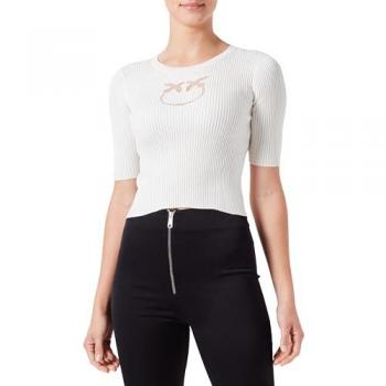 PINKO Women's Ribbed Cotton and Silk Top with Transparent Logo, White, Size: S