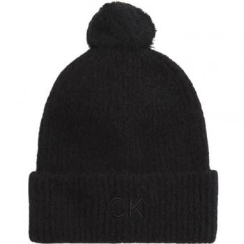 Calvin Klein Women's Black Knitted Beanie with Logo Embroidery and Pom-Pom