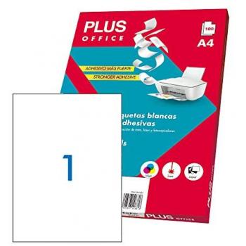Etiquetas Autoadhesivas Plus Office 210x297mm - Pack de 100 Hojas para Impresora Inkjet, Láser y Fotocopiadoras