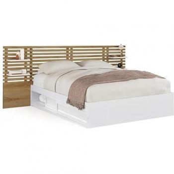Cama Doble Savana 140 x 190 cm con Cabecero, Mesillas de Noche, Almacenamiento y Somier en Blanco y Haya