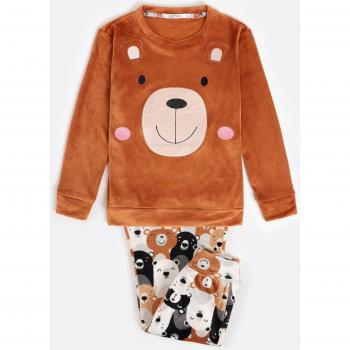 Pijama Admas de niña largo de tejido suave de terciopelo color marrón con manga larga y diseño Velvet Bear Family