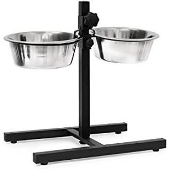 Comedero Elevado para Perros Relaxdays, Acero Inoxidable, Set de 2, Altura Ajustable, Antideslizante, 1.6L, Plateado, 42 x 46 x 27 cm