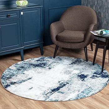Alfombra Redonda Moderna de Diseño Abstracto en Mármoles Azul y Blanco Ø 160 cm