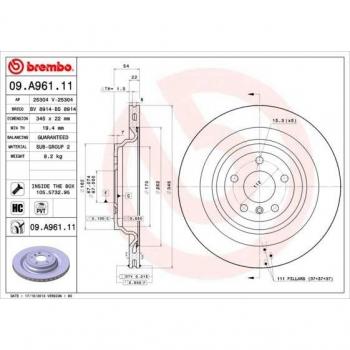 Disco de Freno Brembo Barnizado para Eje Trasero 09A96111, Ventilado, Altamente Carbonizado, 1 Pieza