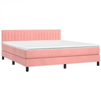 Cama Box Spring con colchón y LED de terciopelo rosa 160x200 cm
