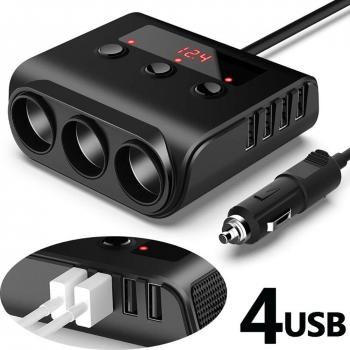 Adaptador de Cargador para Coche 100W con Divisor Triple, Interruptor, Pantalla Digital de Voltaje y 4 Puertos USB