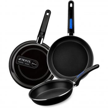 Monix Duna - Lote 3 sartenes 22, 24, 26 cm de acero esmaltado negro con antiadherente Teflon® Classic.