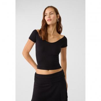 Stradivarius Ribbed Black V-neck T-shirt Size S