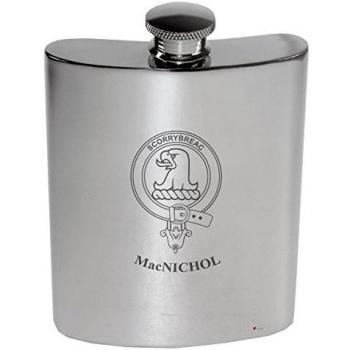 MacNichol Family Crest 6oz Polished Pewter Kidney Flask