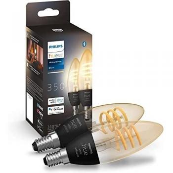 Philips Hue White Ambiance E14 LED Smart Candle Bulb, 4.6W, 350 Lumens, Warm to Cool White Light, Dimmable, Bluetooth & Zigbee Compatible (Hue Hub Optional), 2-Pack