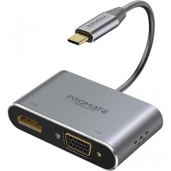 Adaptador USB-C a VGA/HDMI Promate MediaHub-C2 4K Ultra HD con Doble Pantalla y Disipador de Calor Incorporado