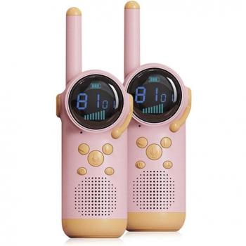 Walkie Talkies infantiles DAM D22, 1-3 km de alcance, pantalla a color, 99 códigos de grupo encriptados, luz LED, incluye 2 unidades, batería recargable, dimensiones 4.5x4