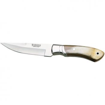 Electropolis Cuchillo de Monte Enterizo Joker con cachas en asta de Toro, Hoja MOVA de 12 cm, virola INOX, con Funda de Cuero, CA04 + Tarjeta Multiusos de Regalo