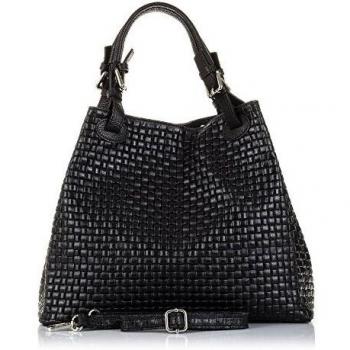 Firenze ARTEGIANI.Bolso de Mujer Piel auténtica.Bolso Tote Cuero Genuino Grabado geométrico.Asa Hombro y Correa Bandolera. Made IN Italy. Vera Pelle Italiana. 33x29x17 cm. Color: Negro