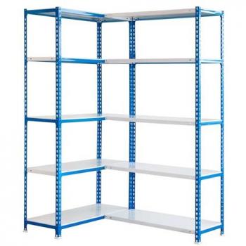 Estantería Metálica Esquina SimonRack, 10 Baldas, Soporta 80 kg por balda, Dimensiones: 2000x1400x400 mm, Sin Tornillos, Color Azul/Blanco