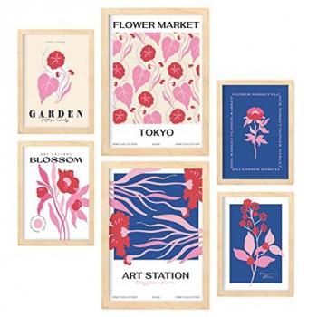 Set de 6 Pósters Florales - Mercado de Flores - Arte de Pared Botánico con Colores Vibrantes - Tamaños A3 y A4 - Marcos Negros y Color Madera