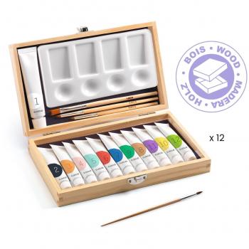 Maletín de Arte Djeco Madera | 12 Tubos Pintura y Pinceles | Colores Vibrantes | Desarrollo Creativo