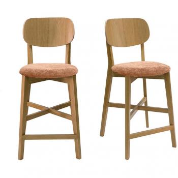 Set de 2 taburetes de cocina de madera de roble claro y tela efecto aterciopelado terracota 65 cm LUCIA