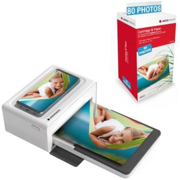 Impresora Fotográfica Bluetooth AGFA PHOTO Realipix Moments + 80 Papeles y Cartuchos 10x15 cm, Sublimación Térmica 4Pass, Blanco