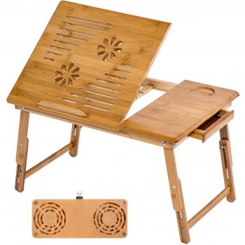 Mesa para portátil de bambú Kerstin, ajustable 4 posiciones, con puerto USB y ventilador, 55 x 35 x 26 cm