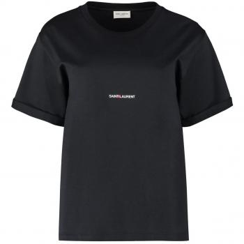 Saint Laurent Women's Black Logo Print Cotton Crew-Neck T-Shirt - Size XS