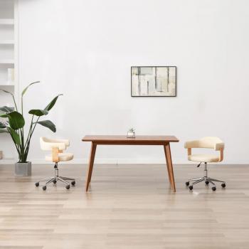 Silla giratoria de oficina madera curvada cuero sintético crema