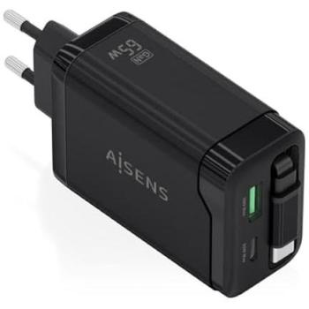 Cargador GaN Aisens 65W con 1xUSB-C, Cable Retráctil, 1xUSB-C PD3.0 y 1xUSB-A QC3.0 - Negro