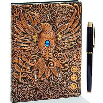 Diario de piel en relieve vintage con juego de bolígrafos dorados,A5,hecho a mano,cuaderno de bocetos, diario de viaje y cuaderno para escribir, regalo para mujeres y hombres
