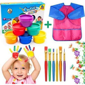 AYUQI 35ml Niños Pinturas Dedos con 6 Pinceles y Bata Arte Impermeable, Pintura Dedos Lavable Niños, Juguetes Dibujo, Herramienta Pintura, Regalos Cumpleaños, para Hogar Escuela Jardín Infantes