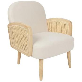 Sillón Tradicional Dvenberg de Estructura de Madera, Poliéster con Trenza de Ratán y Patas Beige Claro
