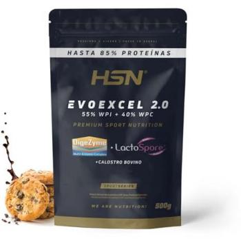 Proteína de Suero HSN Evoexcel 2.0 - Aislado + Concentrado - Sabor Chocolate Galletas - 500g (17 Tomas) con DigeZyme®, LactoSpore® y Calostro