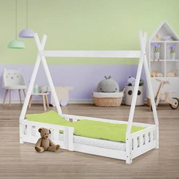 Cama Infantil Tipi 70x140 cm con Protección Anticaída y Somier de Listones en Madera de Pino Maciza Color Blanco