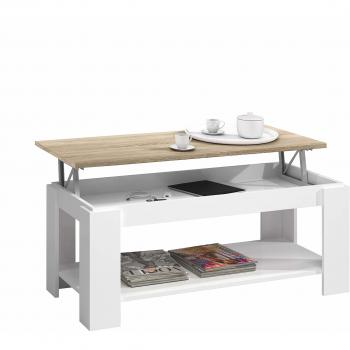 Mesa Centro con revistero, Mesa elevable, mesita Mueble Salon Comedor, Acabado en Blanco Artik y Roble Canadian, Medidas: 102 cm