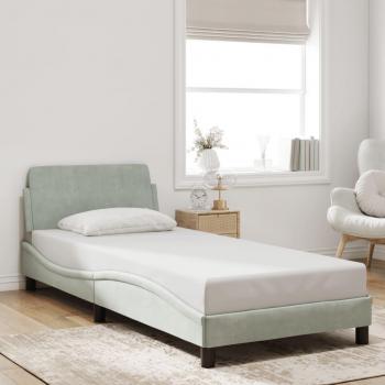 Cama solar sin colchón de terciopelo gris claro 90x190 cm con estructura de cama y cabecero en terciopelo gris claro