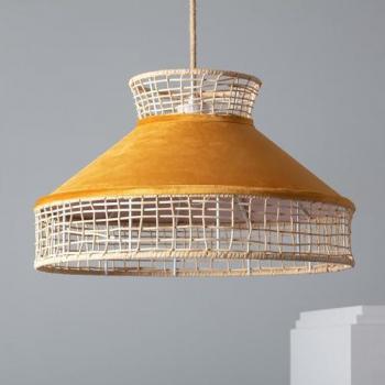 Lámpara Colgante de Ratán y Tela Longoria Mostaza - Decoración para Salón, Habitación y Dormitorio