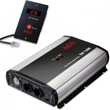 AEG Automotive 97122 Sinus-Convertidor de Voltaje SW 1500 W, 12 V a 230 V, con Pantalla LCD, Cargador USB, Módulo de Control Remoto y Función de Control de Batería