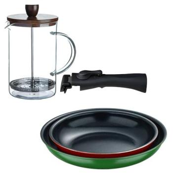 Juego de 2 Sartenes Click&Cook Ø22Ø26cm Aluminio Prensado con Mango Desmontable + Delantal de Cocina Gris Oscuro 100% Algodón + Cafetera de Émbolo de Vidrio