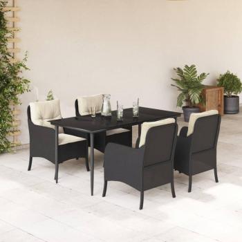 5 Piece Black Poly Rattan Garden Dining Set with Cushions