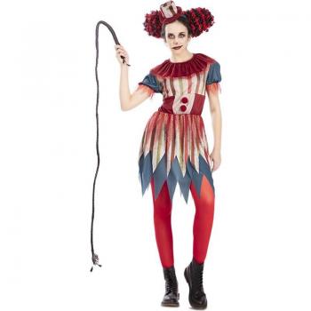 Disfraz de Payasa Macabra Vintage para mujer, incluye vestido de rayas negro y rojo con volantes, medias a rayas rojas y negras, collar de cadena, maquillaje facial espeluznante y gorro con pompones