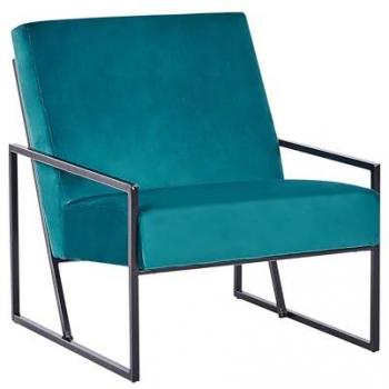 Sillón moderno glamour Delary con tapicería de terciopelo verde azulado y estructura de metal negro
