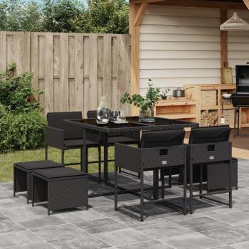 Set de comedor de jardín 9 pzas con cojines en ratán sintético negro