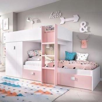 Cama Tren Groe 2 Camas + Armario + 2 Cajones Blanco/Rosa 150X271x111 Cm