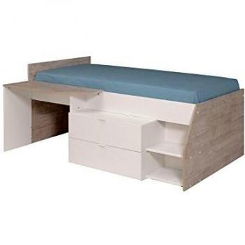 Cama con escritorio y compartimentos GISELE - 90x190/200cm - Blanco y natural