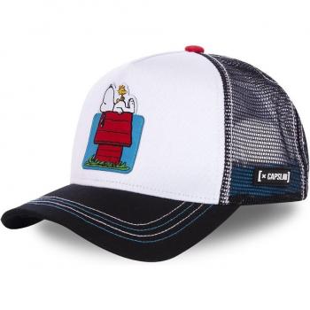 Gorra blanca Peanuts House de Capslab con diseño de Snoopy, material 100% algodón, ajuste regulable en la parte trasera, visera curvada y bordado en la parte frontal
