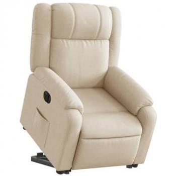 Sillón eléctrico reclinable elevable de tela color crema con respaldo, reposabrazos, asiento ajustable y diseño orejero para relax